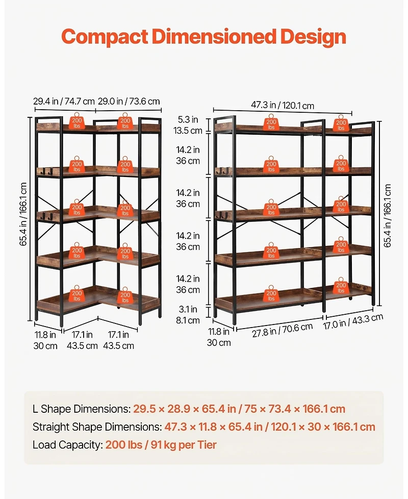 Gouun 5 Tier Corner Bookshelf with Hooks and Metal Frame