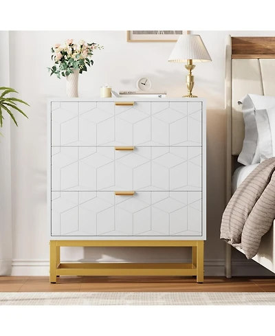 gaomon Modern 3 Drawer Wide Dresser Chest, Gold Metal Legs & Handles, Wood Storage Organizer for Bedroom Living Room
