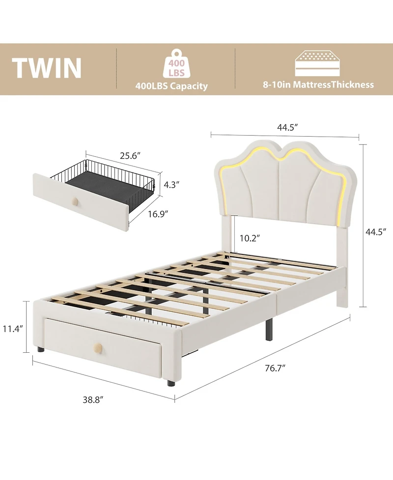 Homfan Bed Frame with Storage Drawer, Velvet Upholstered Platform Headboard and Led Light