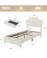 Homfan Bed Frame with Storage Drawer, Velvet Upholstered Platform Headboard and Led Light