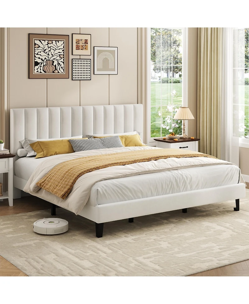homfan Upholstered Platform Bed Frame with Adjustable Height Vertical Channel Tufted Headboard, Sturdy Wooden Slats, Noise-Free