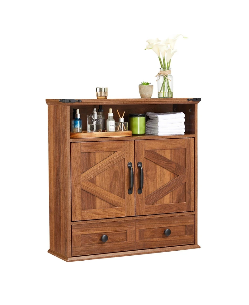 Homfan Farmhouse Wall Cabinet with Barn Doors and Adjustable Shelf, 25 Wide Bathroom Storage Organizer for Bath, Laundry Entryway