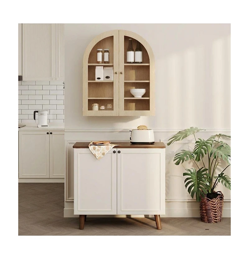 homfan Arched Bathroom Wall Cabinet with Glass Doors and Adjustable Shelves, Wood Over Toilet Storage Organizer for Bathroom and Laundry Room
