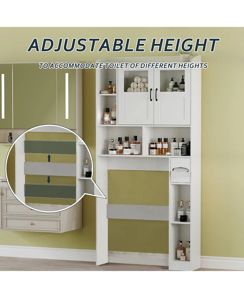Homfan Over Toilet Storage Cabinet with Glass Doors and Adjustable Shelves, 67.4 in Tall Bathroom Organizer for Bath or Laundry
