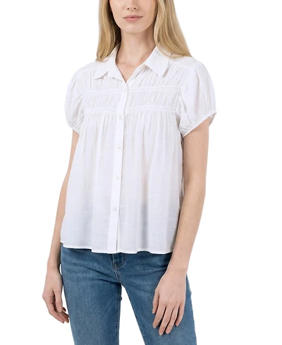 Ny Collection Petite Collared Rouched Yoke Top