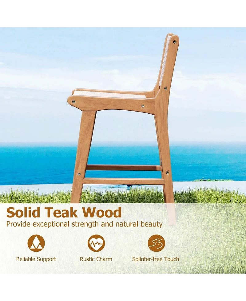 Gymax Outdoor Counter Height Bar Stool with Teak Wood Frame Back and Footrest for Balcony