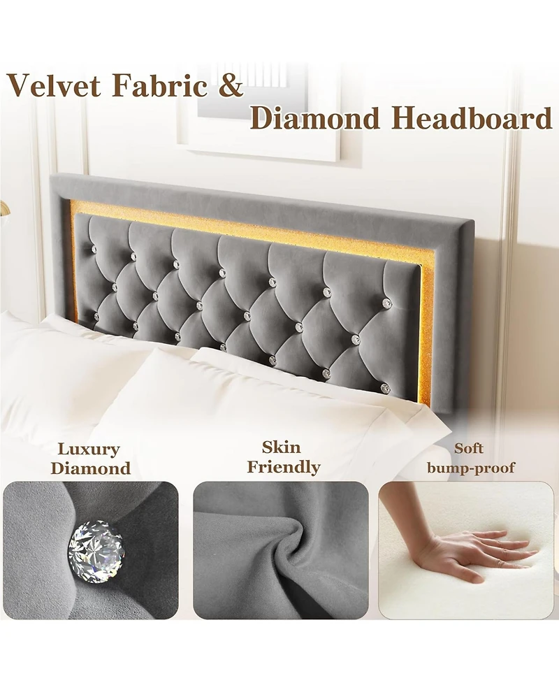 gaomon Floating Bed Frame with Led Lights, Upholstered Platform with Diamond Headboard
