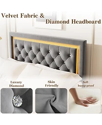 gaomon Floating Bed Frame with Led Lights, Upholstered Platform with Diamond Headboard