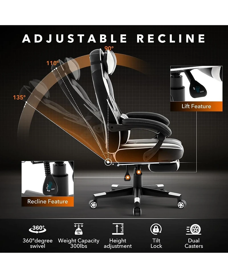gaomon Gaming Chair with Footrest and Massage Lumbar Support,Big and Tall Ergonomic Computer Game Desk Chair,High Back Pu Leather Recliner