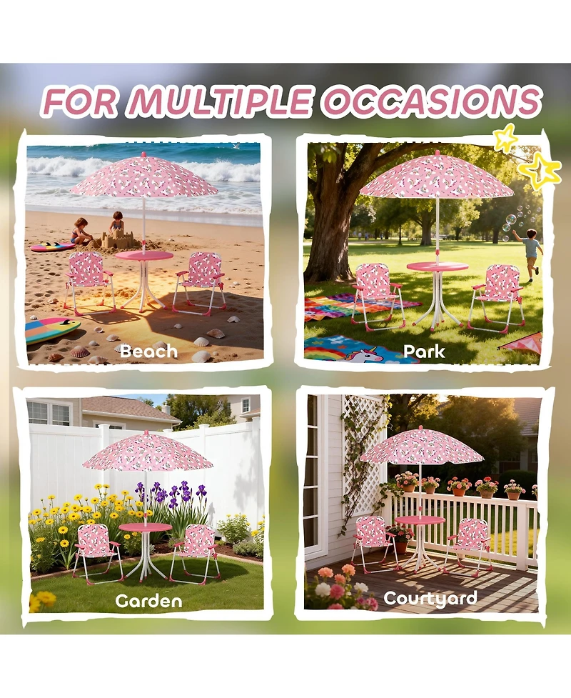 Qaba Kids Picnic Table with 2 Folding Chairs and Umbrella,