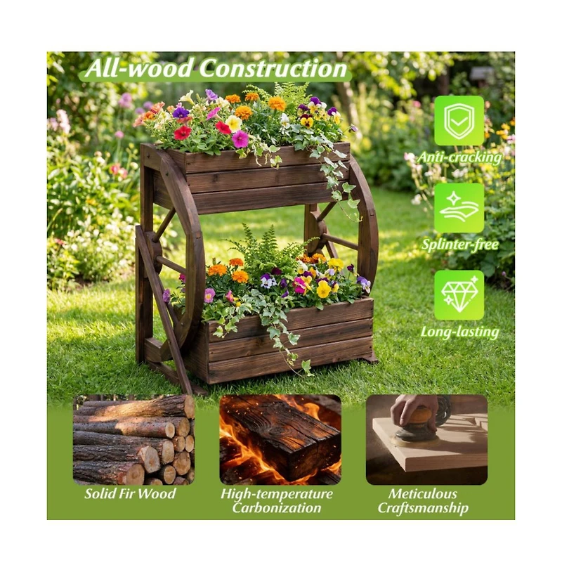 Gouun 2-Tier Rustic Carbonized Wood Wagon Planter with Drainage Holes