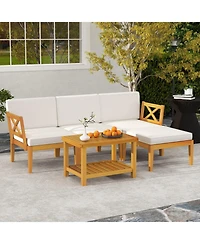 Gouun 5-Piece Acacia Wood Outdoor Conversation Set with 2-Tier Coffee Table and Cushions