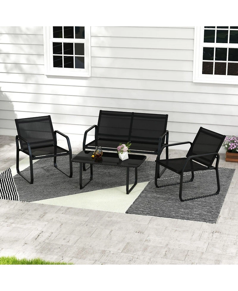 Gouun 4-Piece Patio Conversation Set with Breathable Fabric Seats and Glass Tabletop