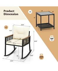 Gouun 3-Piece Pe Rattan Rocking Chair Set with Acacia Wood Armrests and 2-Tier Table