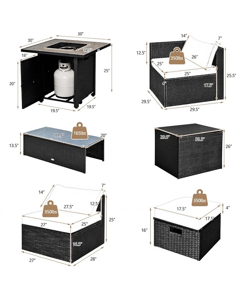 Gouun 9-Piece Wicker Sectional Sofa Set with 30 in Propane Gas Fire Pit Table