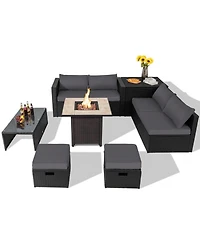 Gouun 9-Piece Wicker Sectional Sofa Set with 30 in Propane Gas Fire Pit Table
