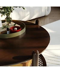 Rainsken 32" Rustic Round Coffee Table with 2-Tier Design, Boho Woven Rattan Storage Shelf for Living Room