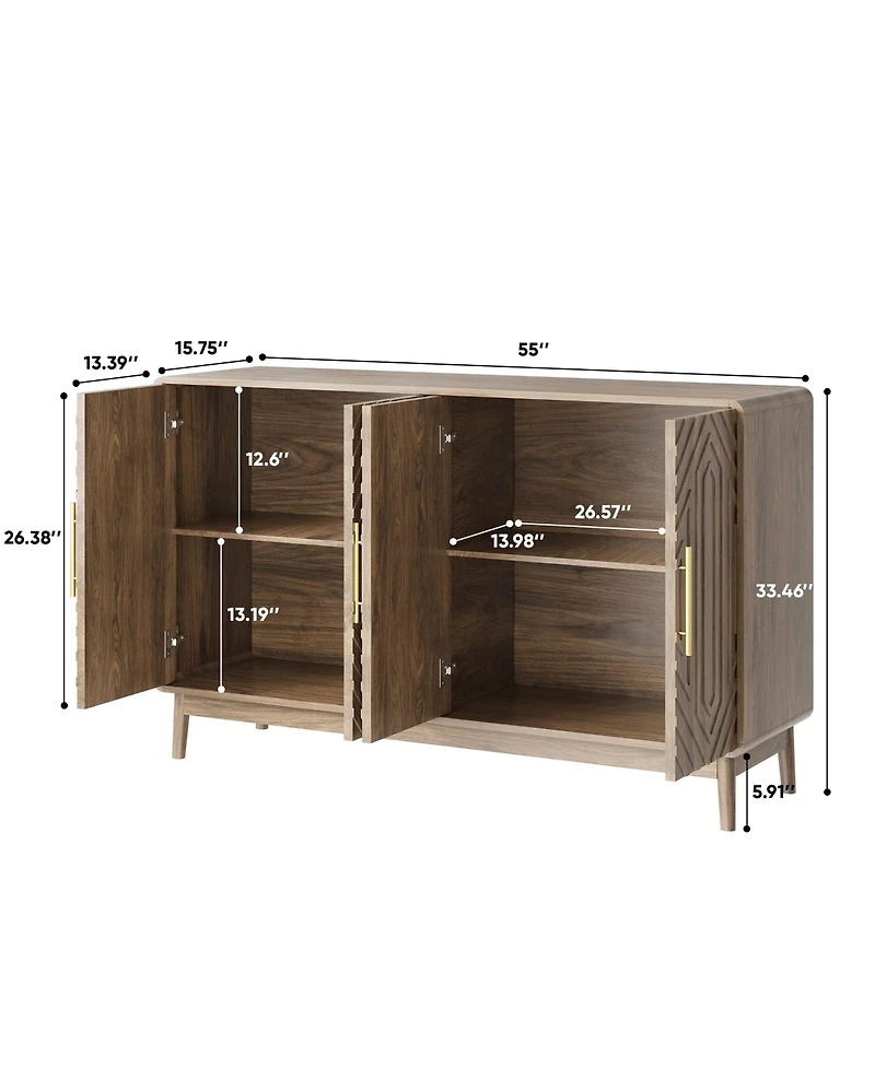 Clihome Sideboard Buffet Cabinet With Storage, Carved 4 Door Sideboard, With Adjustable Layer Board