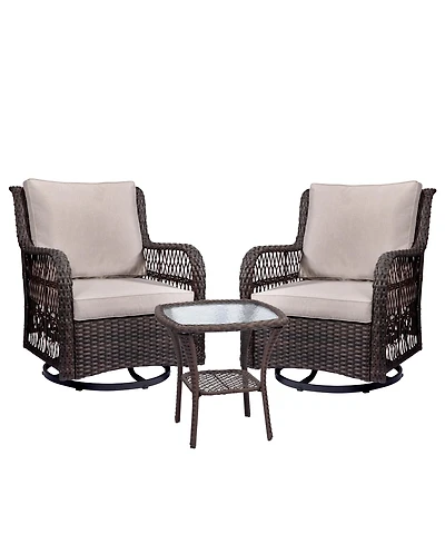 gaomon 3-Piece Wicker Bistro Set- Rocking Swivel Chairs Glass Side Table for Backyard Porch