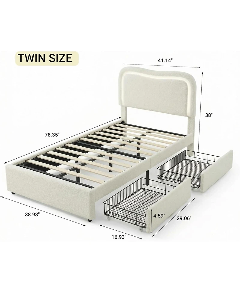gaomon Twin Boucle Bed Frame with 2 Storage Drawers and Led Headboard, Upholstered Platform for Kids