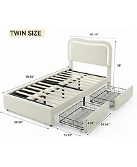 gaomon Twin Boucle Bed Frame with 2 Storage Drawers and Led Headboard, Upholstered Platform for Kids