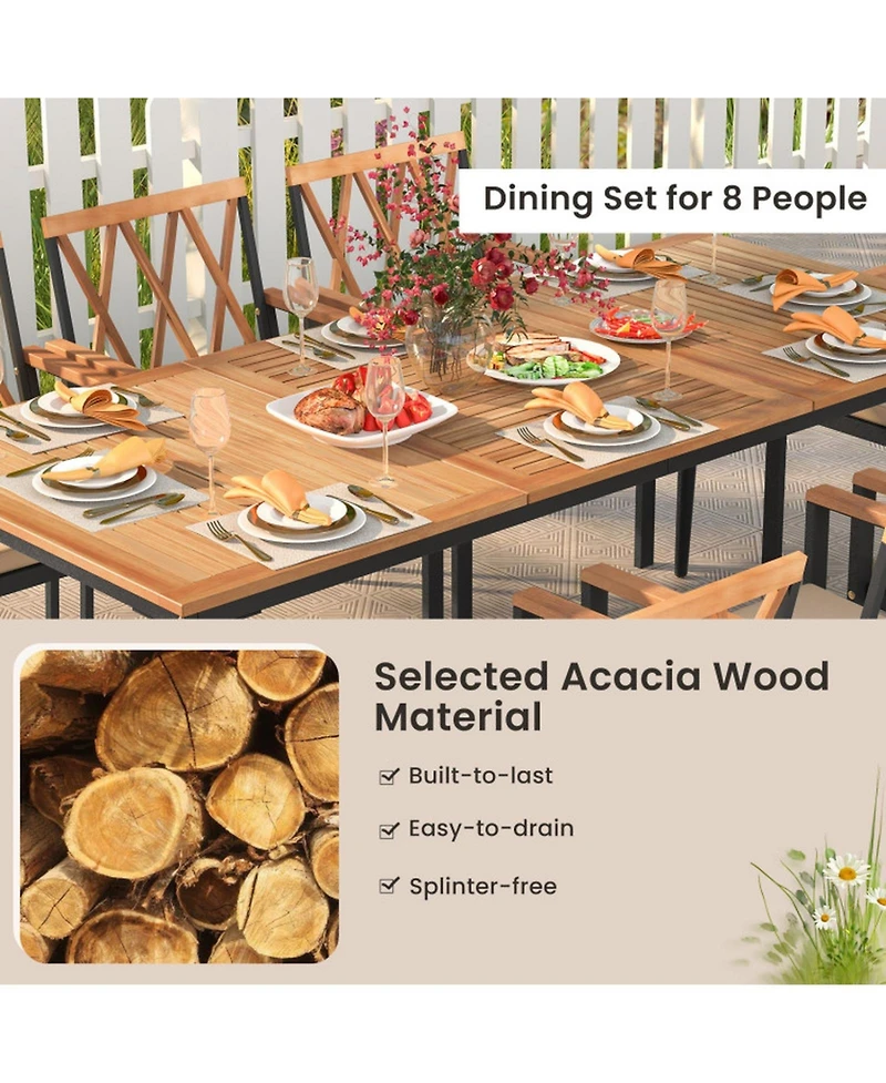 Gouun 9-Piece Outdoor Dining Set with 79 in Slatted Acacia Wood Table and 8 Armchairs with Cushions