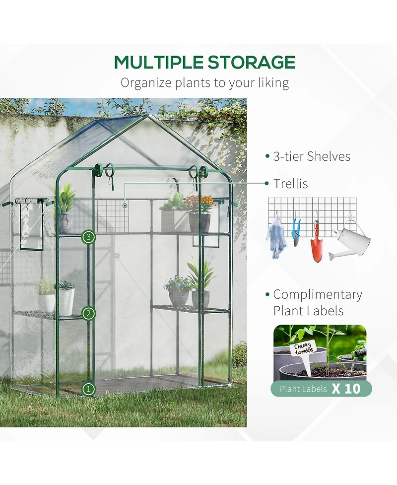 Outsunny 56" x 29" x 77" Small Walk-in house w/3 Tier Shleves, Windows