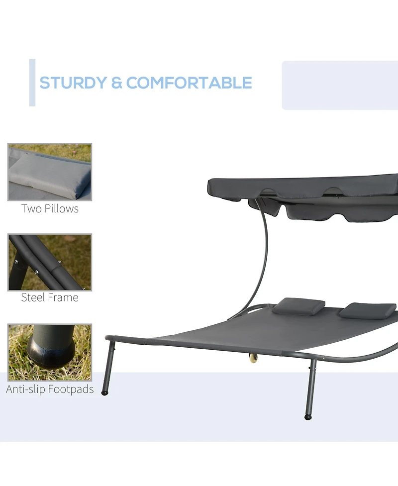 Outsunny Patio Double Chaise Lounge Chair, Outdoor Wheeled Hammock Daybed with Adjustable Canopy and Pillow for Sun Room, Garden, or Poolside, Grey