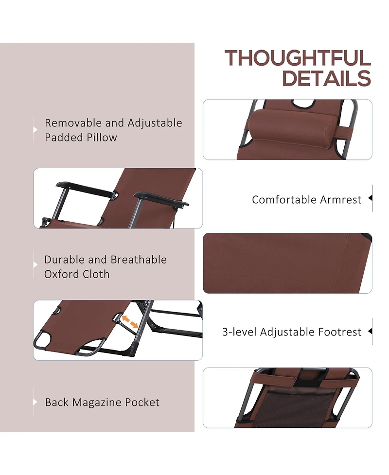 Outsunny 2-in-1 Folding Patio Lounge Chair w/ Pillow, Outdoor Portable Sun Lounger Reclining to 120°/180°, Oxford Fabric, Brown