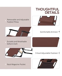 Outsunny 2-in-1 Folding Patio Lounge Chair w/ Pillow, Outdoor Portable Sun Lounger Reclining to 120°/180°, Oxford Fabric, Brown