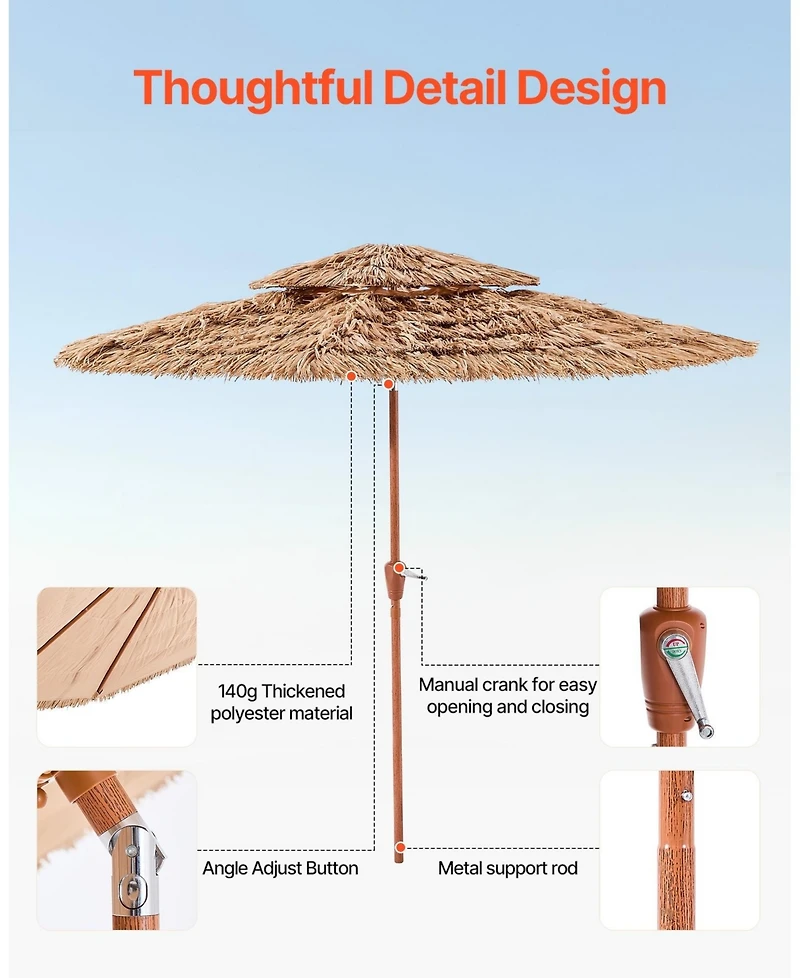Gouun 9 ft 2 Tier Thatched Patio Umbrella with Tilt Hawaiian Style Beach Parasol