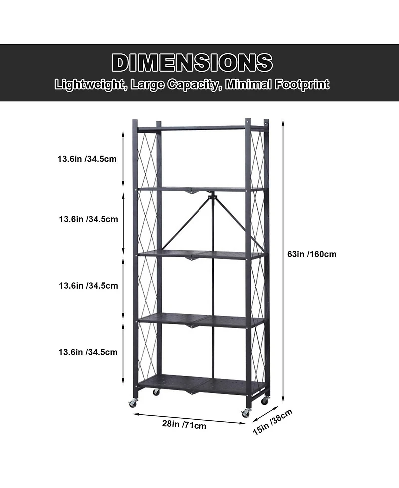 Homfan 5-Tier Foldable Metal Storage Cart with Wheels - Rolling Utility Shelf, for Bathroom, Laundry Room