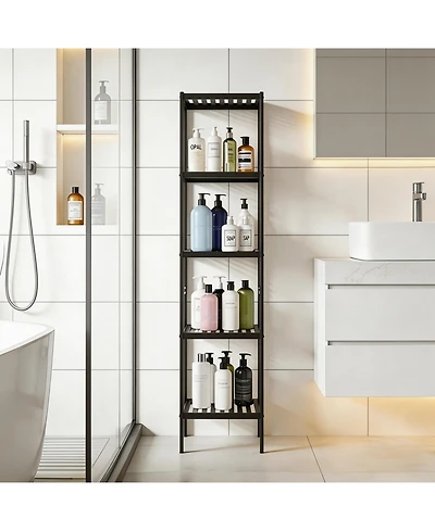 Homfan 5-Tier Bamboo Shelf Narrow Bathroom with Slatted Shelves Wood Plant Stand Standing Towel Rack Corner