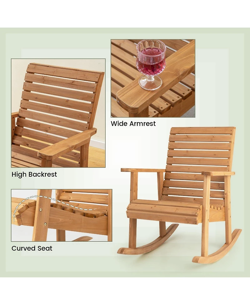 Gymax Wooden Rocking Chair High Back Fir Wood Armchair Yard Patio