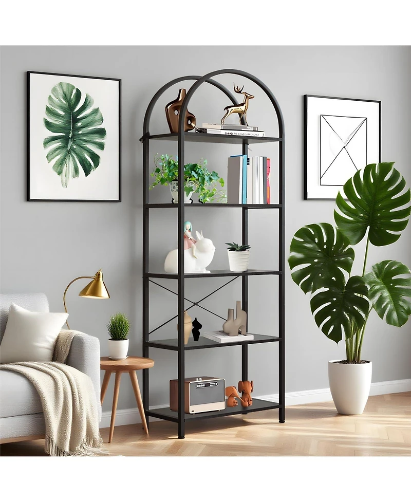 gaomon 5-Tier Modern Arched Bookshelf with Metal Frame, Tall Open Display Storage Rack