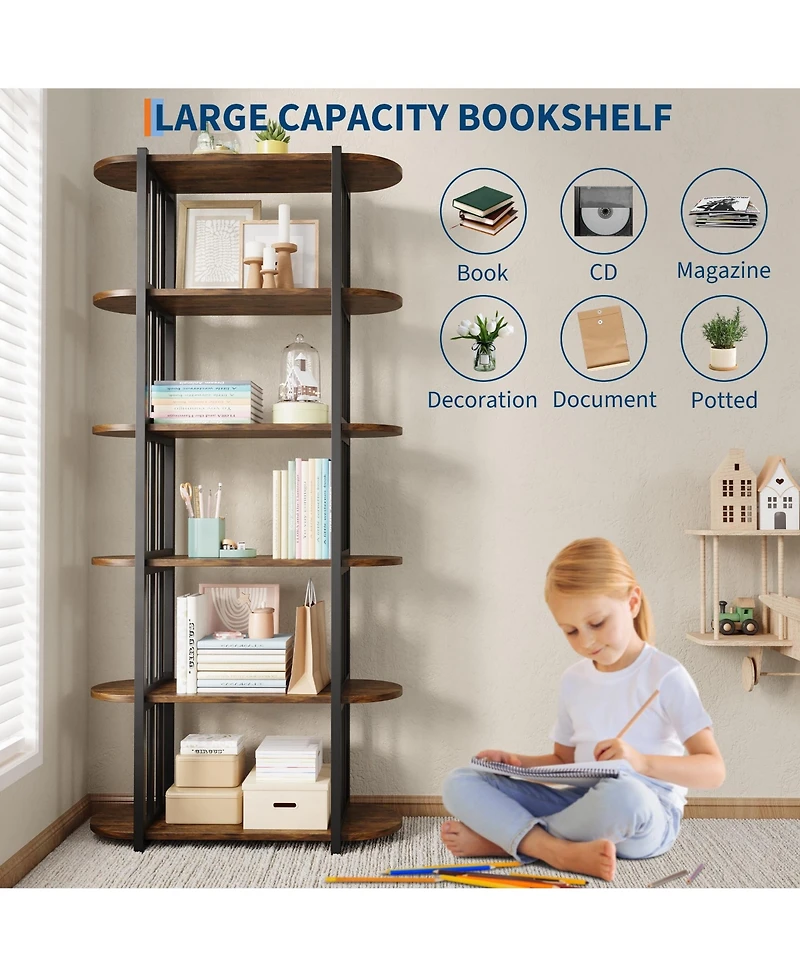 gaomon 6-Tier Industrial Wooden Bookshelf, Metal Frame Freestanding Large Open Bookcase