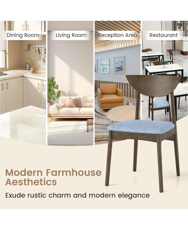 Gymax 2PCS Wooden Dining Chair Linen Fabric Upholstered Kitchen Chairs w/ Padded Seat