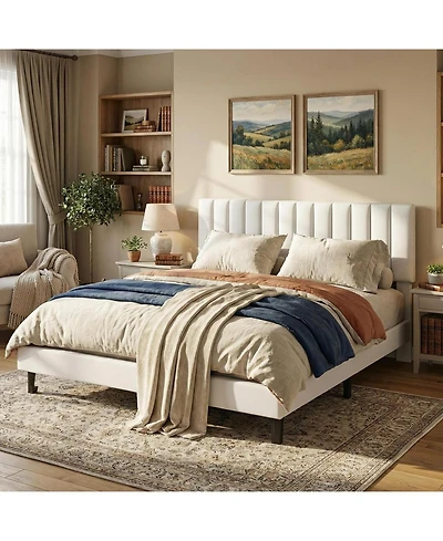 gaomon King Upholstered Bed Frame with Vertical Channel Tufted Headboard, Wood Slats Support