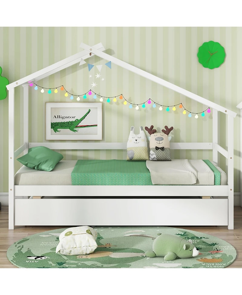 Gymax Twin House Bed w/ Trundle w/ Roof and Fence Rails Wooden Platform Bed Frame
