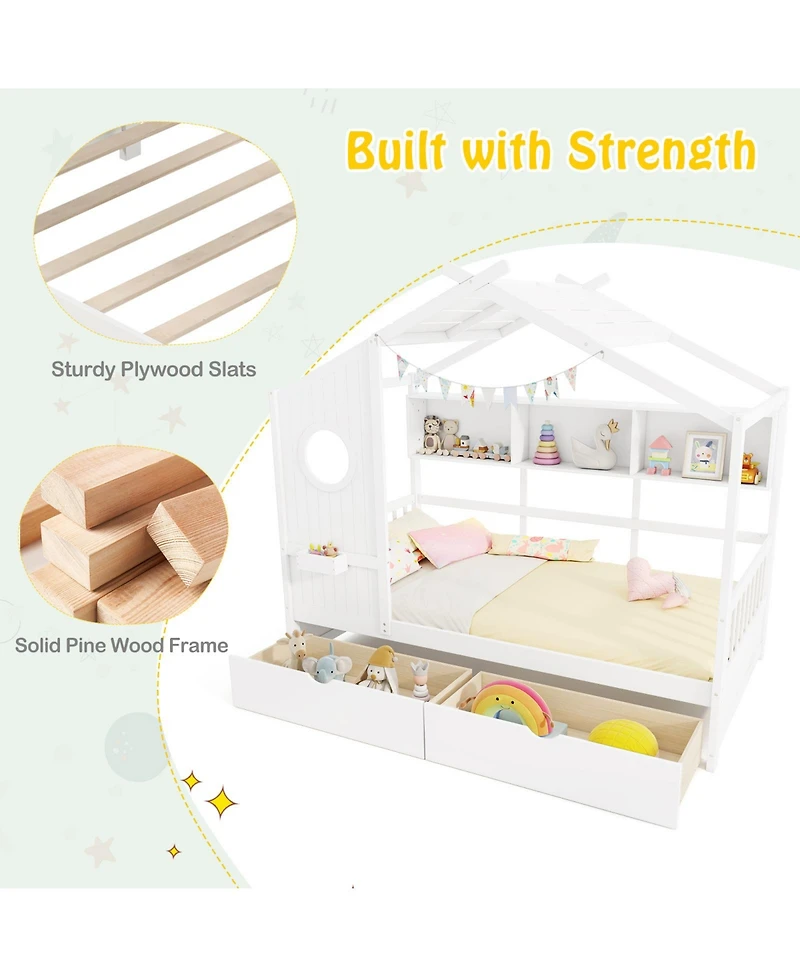 Gymax House Bed Kids Bed Frame w/ 2 Storage Drawers & Fence Guardrails