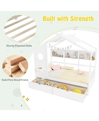 Gymax House Bed Kids Bed Frame w/ 2 Storage Drawers & Fence Guardrails
