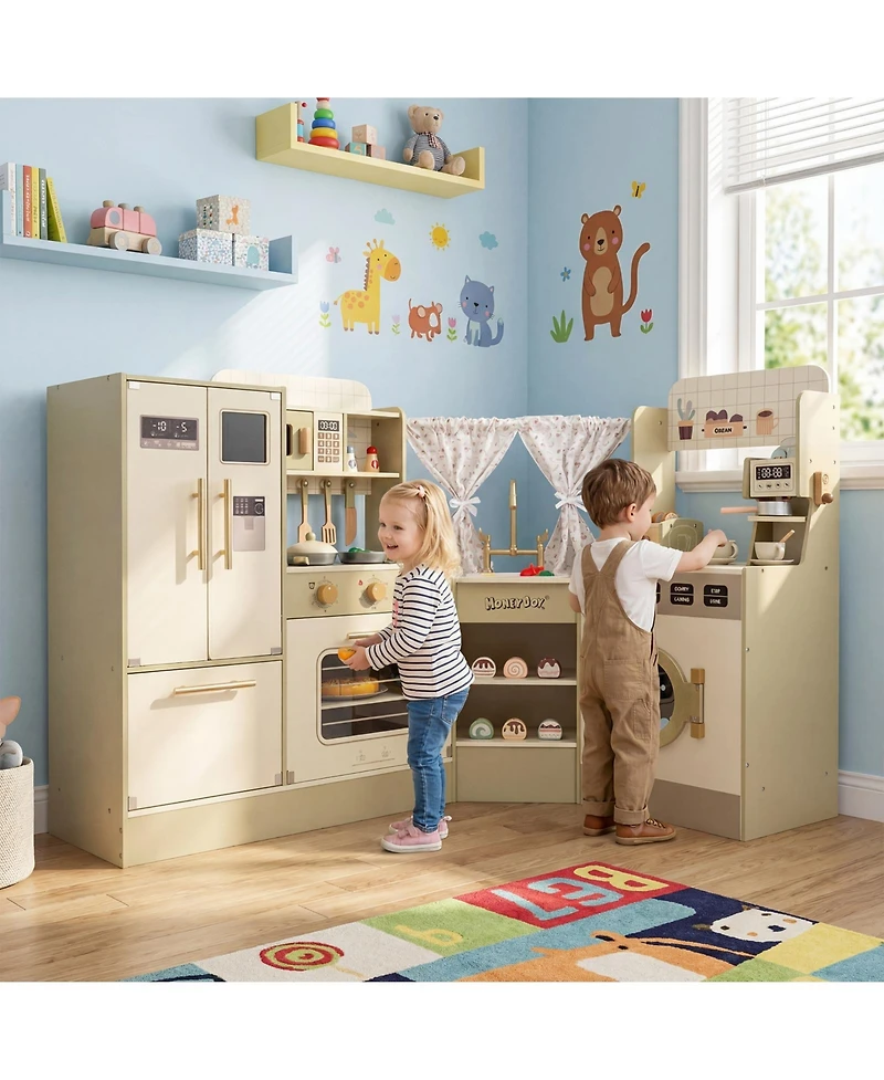 Slickblue Corner Kids Kitchen Playset Toy with Faucet Dishwasher Stove Set