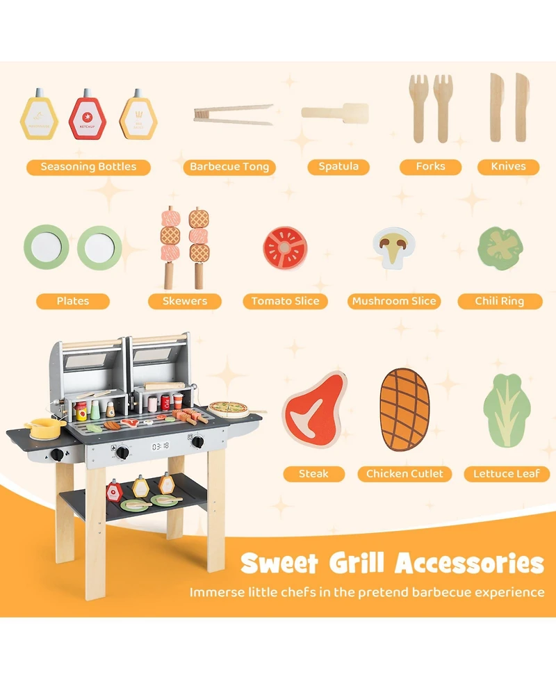 Slickblue Wooden Kids Grill Playset Bbq Toy with Food and Accessories