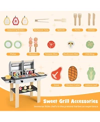 Slickblue Wooden Kids Grill Playset Bbq Toy with Food and Accessories