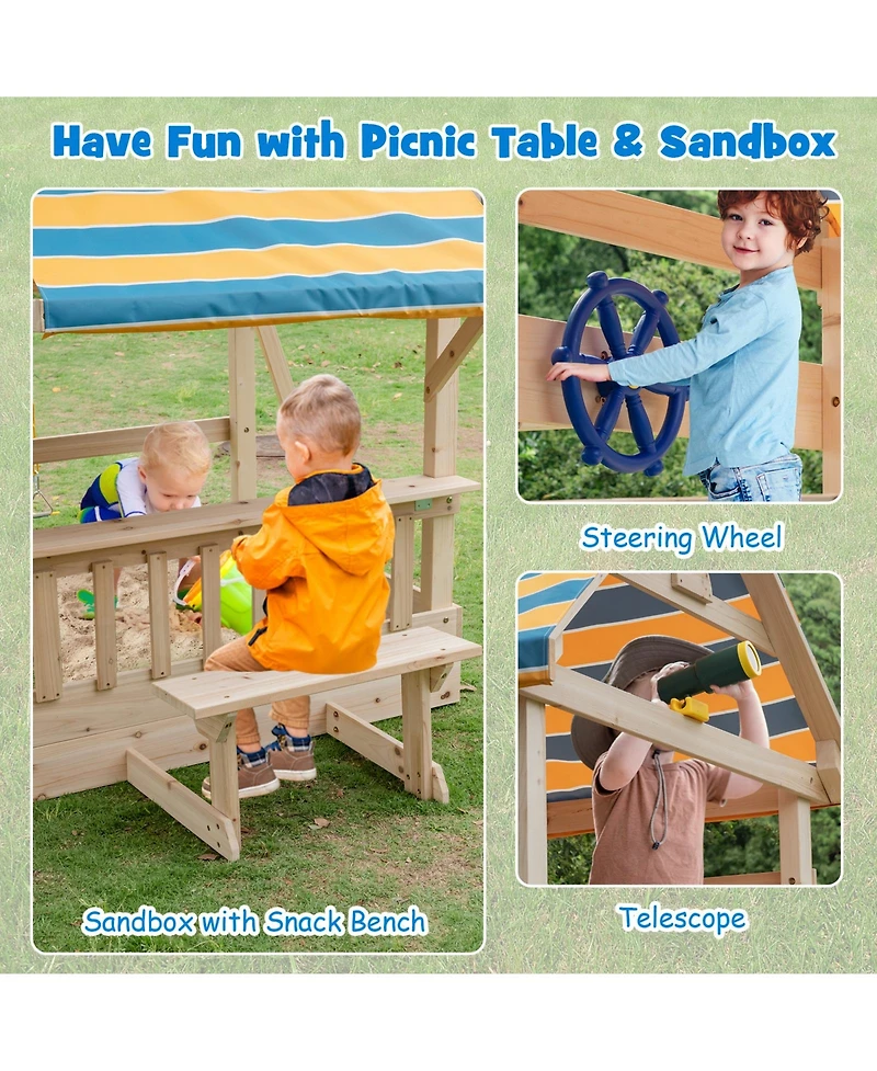 Slickblue Outdoor Wooden Swing Set with Slide, Deck and Steering Wheel