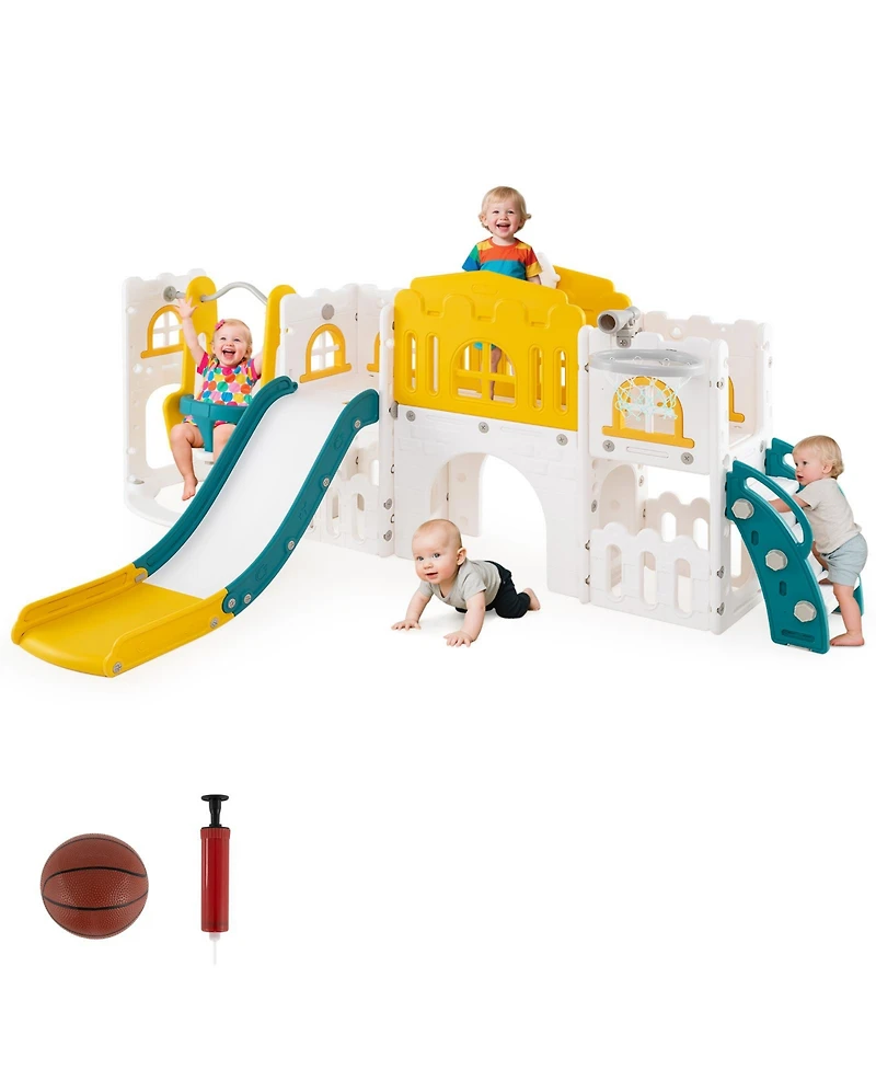Slickblue Toddler 10 in 1 Slide Swing Climber Set with Basketball Hoop