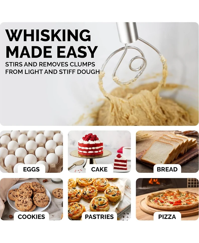 Zulay Kitchen Stainless Steel Danish Whisk for Cooking with Single Eye Dough Hook - 2 Pack