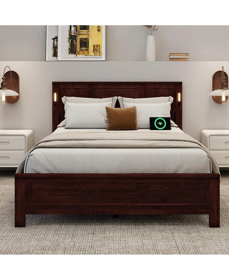 Streamdale Furniture Queen Led Usb Pinewood Bed w/ Tall Headboard