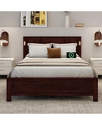 Streamdale Furniture Queen Led Usb Pinewood Bed w/ Tall Headboard