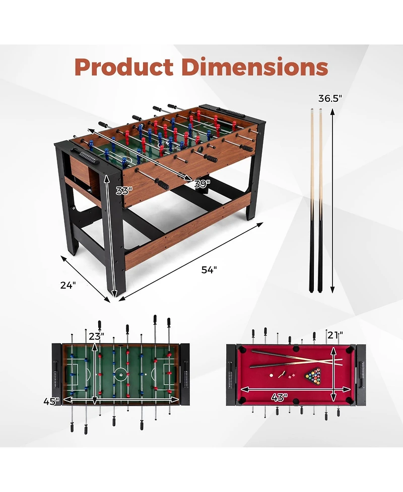 Slickblue Full Size Foosball and Pool Table 2-in-1 Combo with Stable Legs